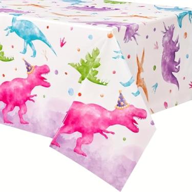 Imagem de Toalha de mesa de dinossauro – pacote com 2 toalhas de mesa de dinossauro, 137 x 272 cm, decoração de aniversário de dinossauro, toalha de mesa descartável de plástico para jantar e piquenique