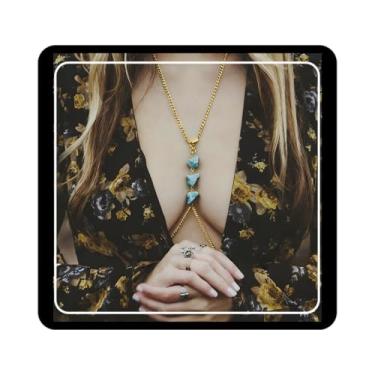 Imagem de Doubnine Peitoral cruzado com corrente de barriga turquesa, biquíni, praia, festival, acessório feminino (ouro)