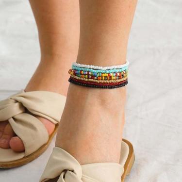 Imagem de Tornozeleira feminina feita à mão com contas multicoloridas, joias boêmias exclusivas, verão e praia perfeitos, presentes ideais de Natal e aniversário, Colorful Rice Bead Foot Chain Set, Vidro, Sem
