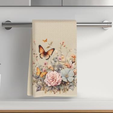 Imagem de Toalhas de cozinha vintage borboleta 35 x 61 cm, reutilizável absorvente waffle trançado aquarela floral prato toalhas de chá para limpeza cozinhar, assar, outono, inverno, fundo bege, decoração de