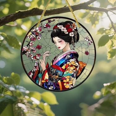 Imagem de Protetor solar de acrílico colorido, vitral de gueixa, janela suspensa de 18 cm, decoração de parede com design de vitral impresso, ideia de presente e ornamento de jardim, uso interno e externo