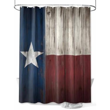 Imagem de Cortina de chuveiro azul retrô Texas Stars, madeira vermelha escura, tecido lavável, conjunto de cortinas de banheiro para decoração de banheiro, 91 x 182 cm de comprimento, bege geométrico