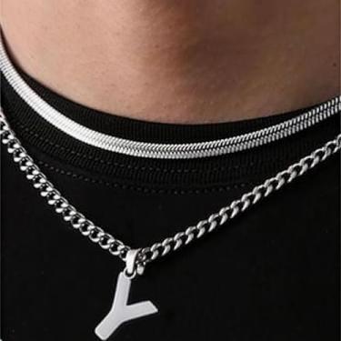 Imagem de Coleção de 26 colares com pingente de alfabeto em camadas, design de corrente dupla (cobra e elos cubanos), joias urbanas hip hop para uso diário e casual, One Size, Aço inoxidável, Sem Pedra Preciosa