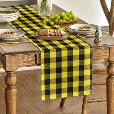 Imagem de Caminho de mesa xadrez de búfalo amarelo e preto, decoração de mesa de cozinha sazonal primavera estilo casa de fazenda decoração de férias festa de casamento jantar de aniversário 13 x 108 polegadas
