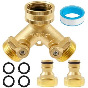Imagem de Divisor de mangueira de jardim 2 vias, distribuidor Y de água de 3/10.2 cm com válvulas de desligamento individuais, distribuidor de mangueira de jardim com 4 arruelas e fita de matéria-prima para a