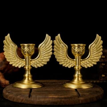 Imagem de Suporte de vela retrô de asa de anjo de 2 peças - Estatueta colecionável feita à mão para decoração de mesa, altar, escultura de mesa vintage de inspiração celestial - ouro