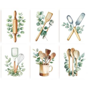 Imagem de INFUNLY 6 conjuntos de impressão de arte de parede de utensílios de cozinha botânicos 20 x 25 cm verde folhas de eucalipto fotos colher virador arte de parede sem moldura boho plantas impressas