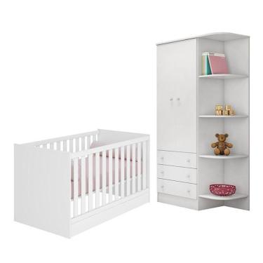 Imagem de Jogo De Quarto Infantil Doce Sonho Com Guarda Roupa 2 Portas E Berço Mini Cama Branco - Qmovi Branco