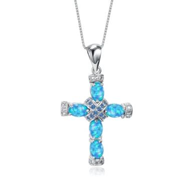 Imagem de Colar Com Crucifixo Em Opala Azul,Colar Simples Com Cruz De Santo E Pedra De Nascimento
