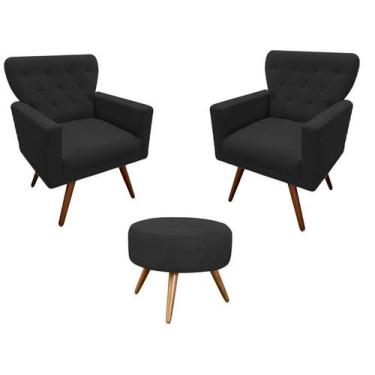 Imagem de Kit 2 Poltronas Decorativa Aurora + 1 Puff Redondo Suede Preto Pés Mad