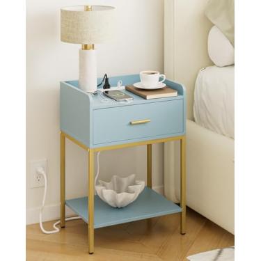 Imagem de Masupu Mesa de cabeceira com estação de carregamento, mesa de cabeceira moderna de 3 camadas com gaveta de armazenamento e prateleira, mesa lateral pequena para quarto, sala de estar, dourada e azul