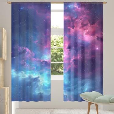 Imagem de 2 conjuntos de painéis de cortinas transparentes coloridas do universo galáxia, cortinas transparentes arejadas com filtro leve, painéis de cortina de porta e janela para sala de estar, quarto, jantar