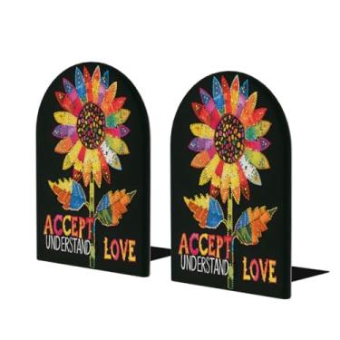 Imagem de Girassol flor autismo grande suporte de livros de madeira decorativo antiderrapante resistente terminais de livros para escritório mesa de escritório em casa biblioteca escola estudo decoração