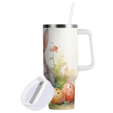 Imagem de Blueangle Copo de coelho fofo de Páscoa de 850 g com alça e tampa de palha, copo isolado reutilizável de aço inoxidável garrafa de água caneca de viagem (114)