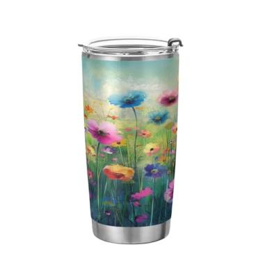 Imagem de xigua Copo de flores silvestres de jardim aquarela com tampa de palha, caneca de viagem a vácuo de parede dupla, caneca de café bem isolada, copo de aço inoxidável para bebidas quentes e frias, 600 ml