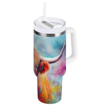 Imagem de xigua Copo Highland Cow 1,134 g com tampa e canudo, aço inoxidável de vácuo duplo isolado garrafa de água esportiva suporte para copo de café de viagem à prova de vazamento para bebida gelada