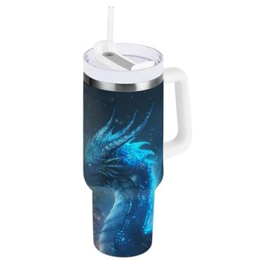 Imagem de xigua Copo vintage com estampa de dragão 1,134 g com tampa e canudo, aço inoxidável de vácuo duplo isolado garrafa de água esportiva suporte para copo de café de viagem à prova de vazamento para