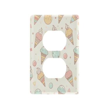 Imagem de Blueangle Placa de parede de tomada dupla com padrão de sorvete, tamanho padrão, placas de cobertura de tomada elétrica de 1 gangue para decoração de quarto de escritório em casa, 4,53 x 2,76