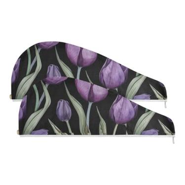 Imagem de SEHANY Toalha de cabelo de microfibra de flores coloridas elegantes para mulheres, 2 peças, turbantes de cabelo de secagem rápida com botão, touca de cabelo seco absorvente toalha de secagem de cabelo