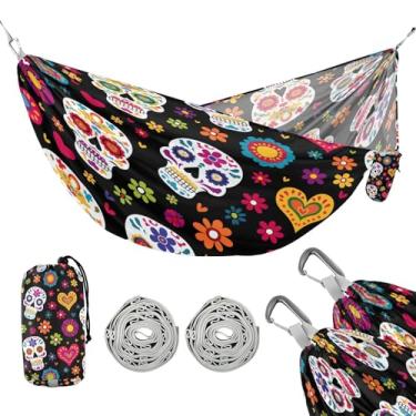Imagem de ATTX Rede de acampamento Sugar Skull Flower – Redes leves e portáteis, capacidade de 150 kg para uso interno, caminhadas, mochilão, viagens, quintal, praia (378)