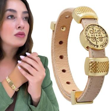 Imagem de Pulseira Feminina Dourada De Couro Medalha De São Bento Bege - Granado