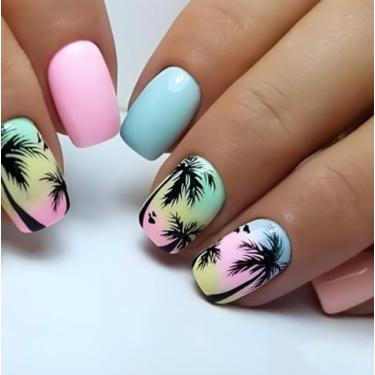 Imagem de Pregos postiços quadrados curtos rosa azul falso com design de coqueiro cola em acrílico ombré bonito cobertura completa bastão para mulheres, manicure 24 peças