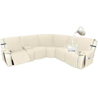 Imagem de Arfntevss Capas para sofá reclináveis 1OO% à prova d'água, em forma de L, capa de sofá reclinável em forma de L, protetor de canto lavável para cães (5 lugares com 1 console, bege)