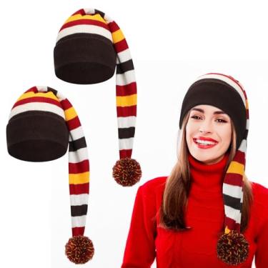 Imagem de Eurzom 2 peças de gorro longo de Natal listrado tricotado gorro de fantasia de filme de Natal adulto acessório cosplay de Halloween (marrom e amarelo)