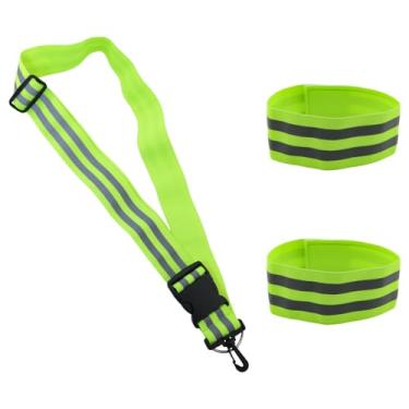 Imagem de BLLNDX Conjunto de equipamento refletivo de corrida noturna de 3 peças inclui 1 alça de ombro e 2 faixas de braço verdes de alta visibilidade tiras de aviso de segurança unissex desgaste ao redor da