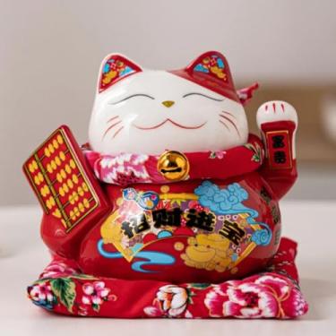 Imagem de FENNYYAR Ornamento de cerâmica de gato da sorte de Ábaco vermelho com caixa de presente, estátua de decoração de casa de gato rico de 15 cm