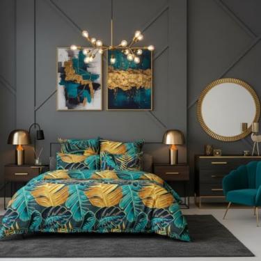 Imagem de Conjunto de capa de edredom tropical de luxo – estampa de folhas botânicas azul-petróleo e dourado, roupa de cama de algodão respirável macio, roupa de cama de estilo hotel moderno, inclui fronhas de