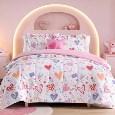 Imagem de Kaleido Space Conjunto de edredom solteiro para meninas - Jogo de cama solteiro de coração com 3 peças, 1 edredom, 1 travesseiro decorativo e 1 fronha