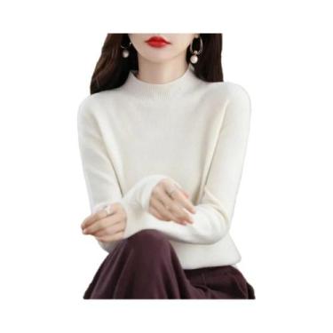 Imagem de Suéter Feminino De Lã Merino E Cashmere Com Gola Alta, Manga Longa, Qu