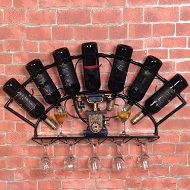 Imagem de Suporte de vidro de vinho de parede de ferro, rack rústico para pendurar com prateleira, comporta 7 garrafas e 5 copos (preto, branco, dourado, bronze)