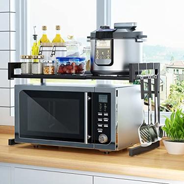 Imagem de Rack de forno de micro-ondas expansível com 3 ganchos, rack de armazenamento de bancada de cozinha, prateleira de metal, carga 39,9 kg, preto (35,5 cm - 64 cm × 35,5 cm × 41 cm)