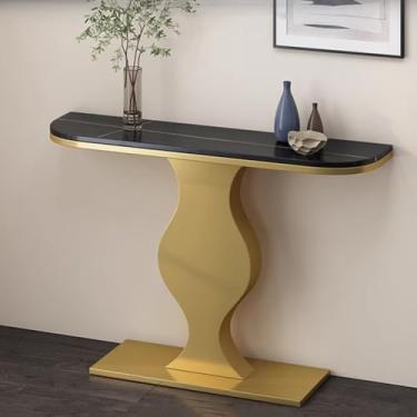 Imagem de UWEREBFM Mesa de console, mesa de console para corredor, mesa de sofá estreita moderna, mesa de placa de rocha, mesa de destaque projetada com curva com base metálica dourada, mesas de entrada, 120 x