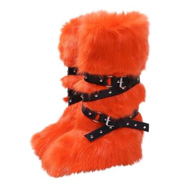 Imagem de Botas de neve femininas modernas, casuais, de salto plano, cano alto, quente, inverno, cano longo, picante, alça, plus de veludo, cabeça redonda, cano médio, Laranja, 15