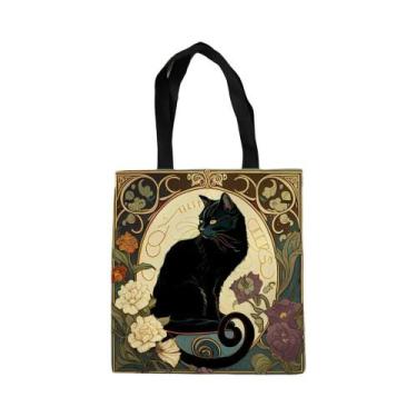 Imagem de Bolsa Tote De Arte Retrô Gato Preto Nobre 40X40CM Em Tecido De Linho L