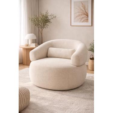 Imagem de poltrona decorativa organica para sala de estar quarto recepção base em madeira tecido boucle bege