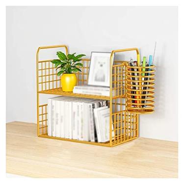 Imagem de Estante organizadora de mesa dourada organizadora de mesa de 2 camadas de armazenamento de mesa de escritório organizador de mesa com suporte de caneta, estrutura de malha de aço durável moderna