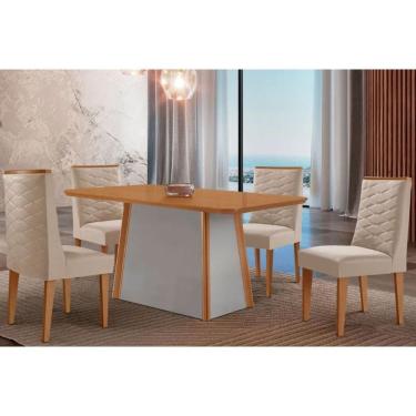Imagem de Mesa Cozinha Tilia c/ Tampo Madeirado Canto Curvo 120x80cm e 4 Cadeiras Dafne Madeira Maciça Naturale/Off White - Capuccino/Suede Creme-Rufato