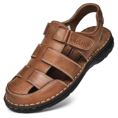 Imagem de Arkbird Sandálias masculinas, bico fechado, couro, pescador, caminhadas ao ar livre, calçados esportivos de verão, Marrom-81, 38