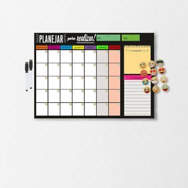 Imagem de Quadro Lousa Planejador Mensal/Planejamento Semanal/Planner/Planner Parede Metal - Quadro Branco 2 canetas e 12 imãs (PRETO, 60x90cm)