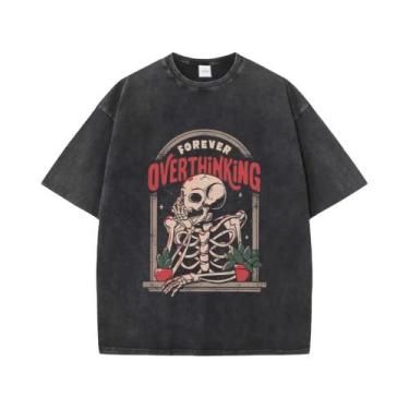 Imagem de Camiseta Feminina Oversized De Algodão Com Estampa De Esqueleto, Gola 