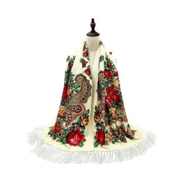 Imagem de Lenço Estampado Floral Estilo Russo Feminino Retrô Com Franjas Xale Uc