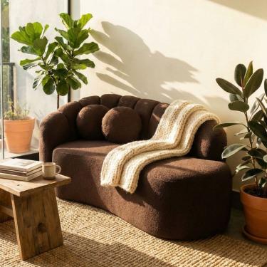 Imagem de Sofá Curvo 3 Lugares Orgânico Confortável Serena Boucle Marrom - Montanari`s Decor