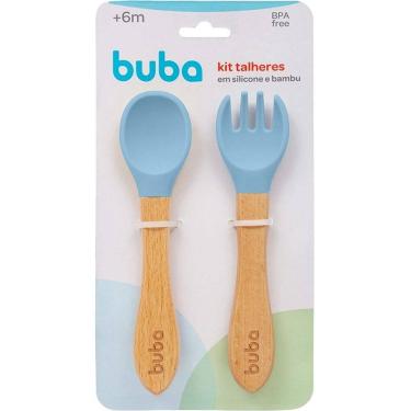 Imagem de Kit Talher de Silicone e Bambu Garfo Colher de Bebe Buba Azul