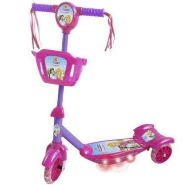 Imagem de Patinete infantil 3 rodas com cesta e luzes princesa 35kg - DM Toys
