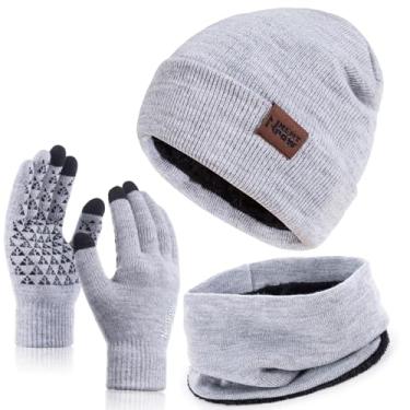 Imagem de Gorro de inverno, 1 a 3 peças, cachecol para homens e mulheres, luvas de tricô forradas com lã quente para tela sensível ao toque, conjunto de cachecol Infitiny, Luvas, gorro e cachecol cinza claro