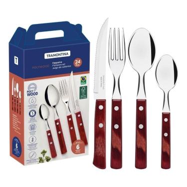 Imagem de Faqueiro Tramontina Polywood Aço Inox E Madeira Vermelho 24 Peças
